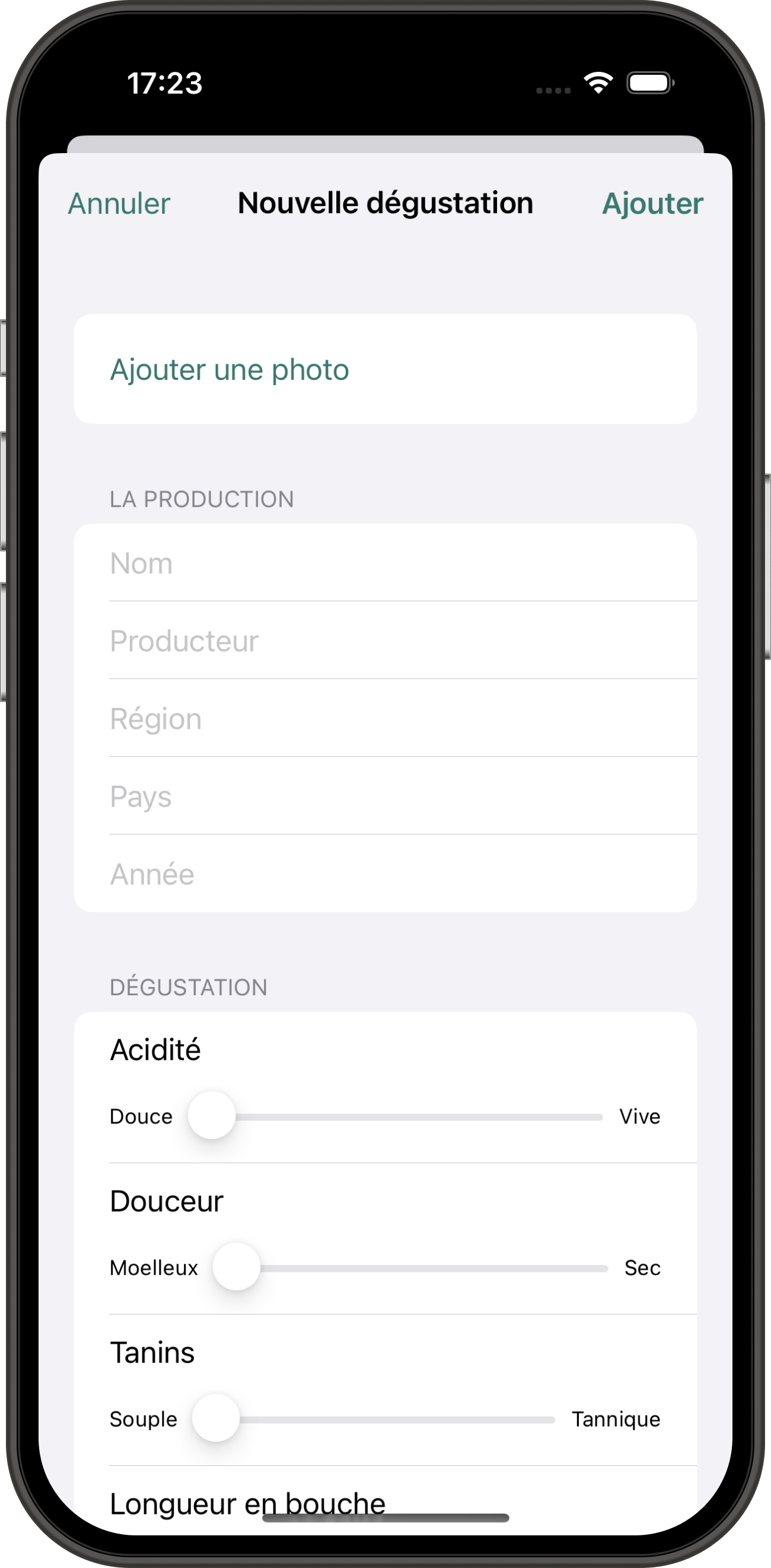 Vinoteka capture ecran ajout degustation de vin
