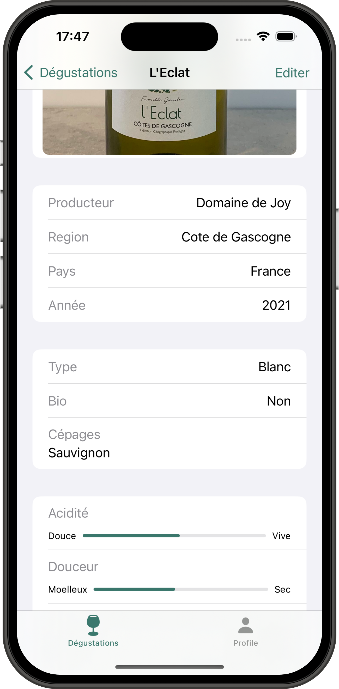 Vinoteka capture ecran details dégustations de vin