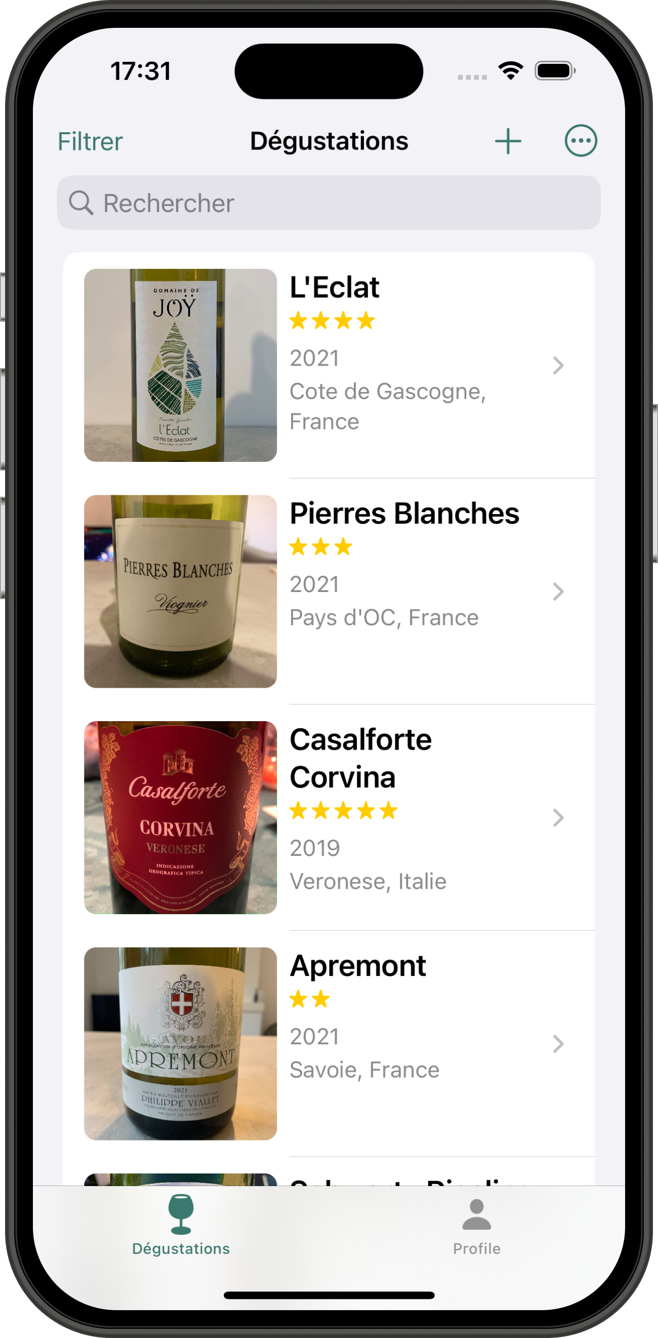 Vinoteka capture ecran liste des degustations de vin